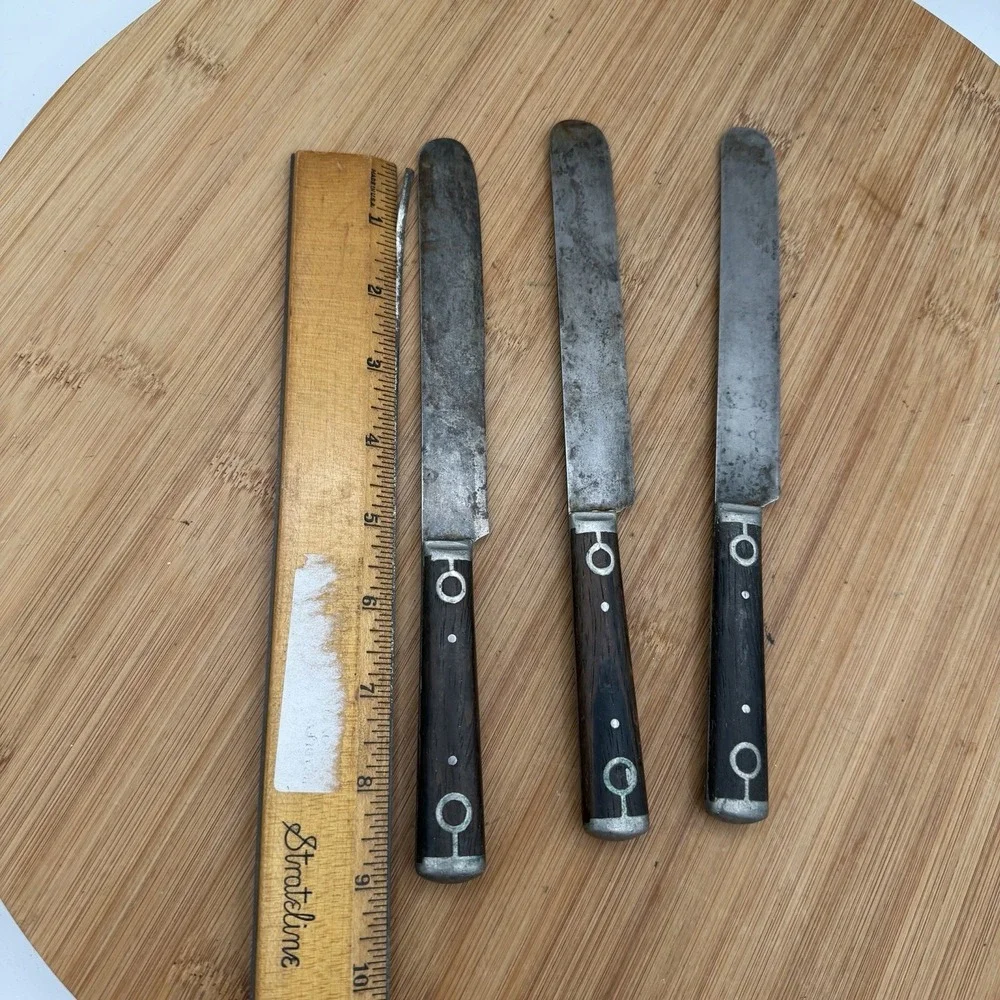 Vtg‎ American Cutlery Co (3)Wood Handle Knives Pewter Inlay Circle Design